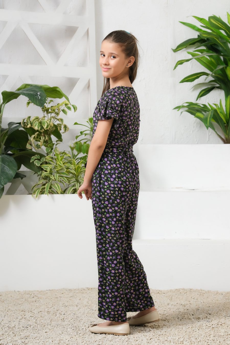 Sprinkles Stitched 1 Piece Summer Jumpsuit Kids Collection'2025-Mystic Garden Allover Floral Print Ruffle Trim Belted Jumpsuit