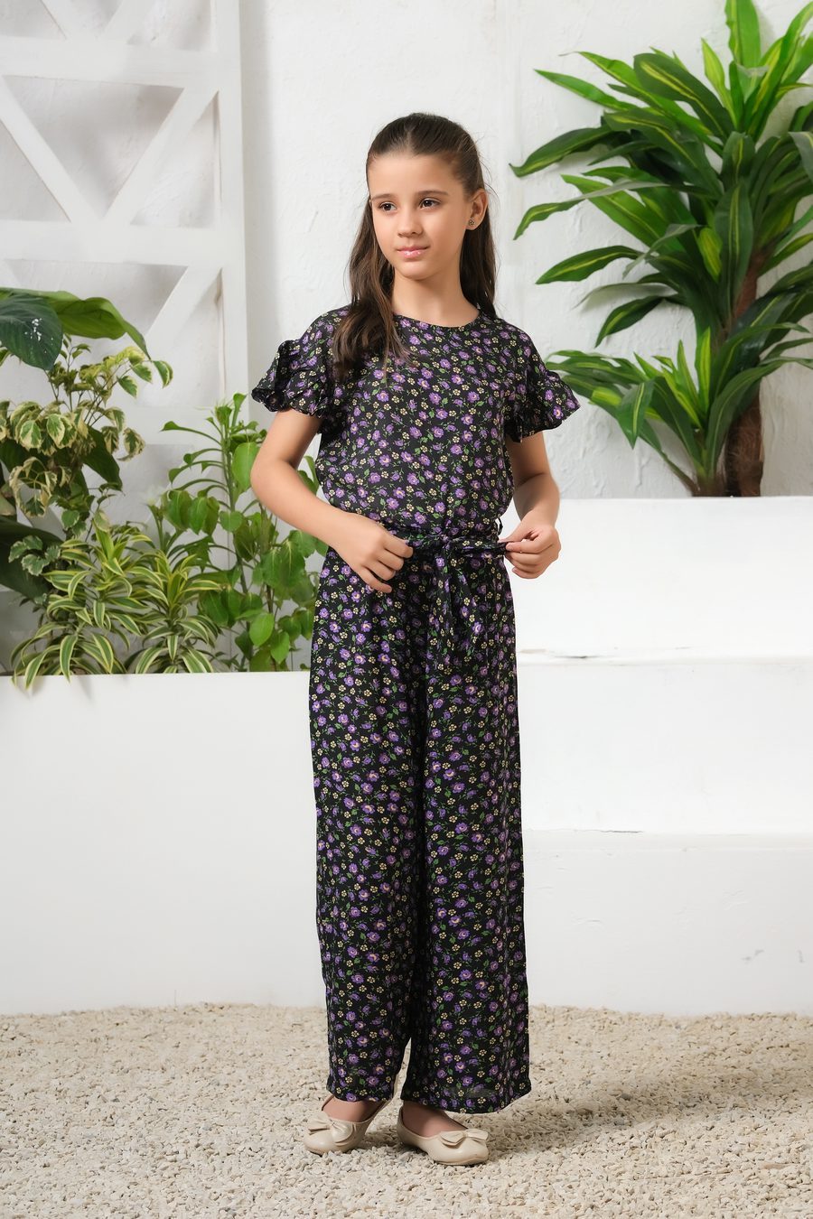 Sprinkles Stitched 1 Piece Summer Jumpsuit Kids Collection'2025-Mystic Garden Allover Floral Print Ruffle Trim Belted Jumpsuit