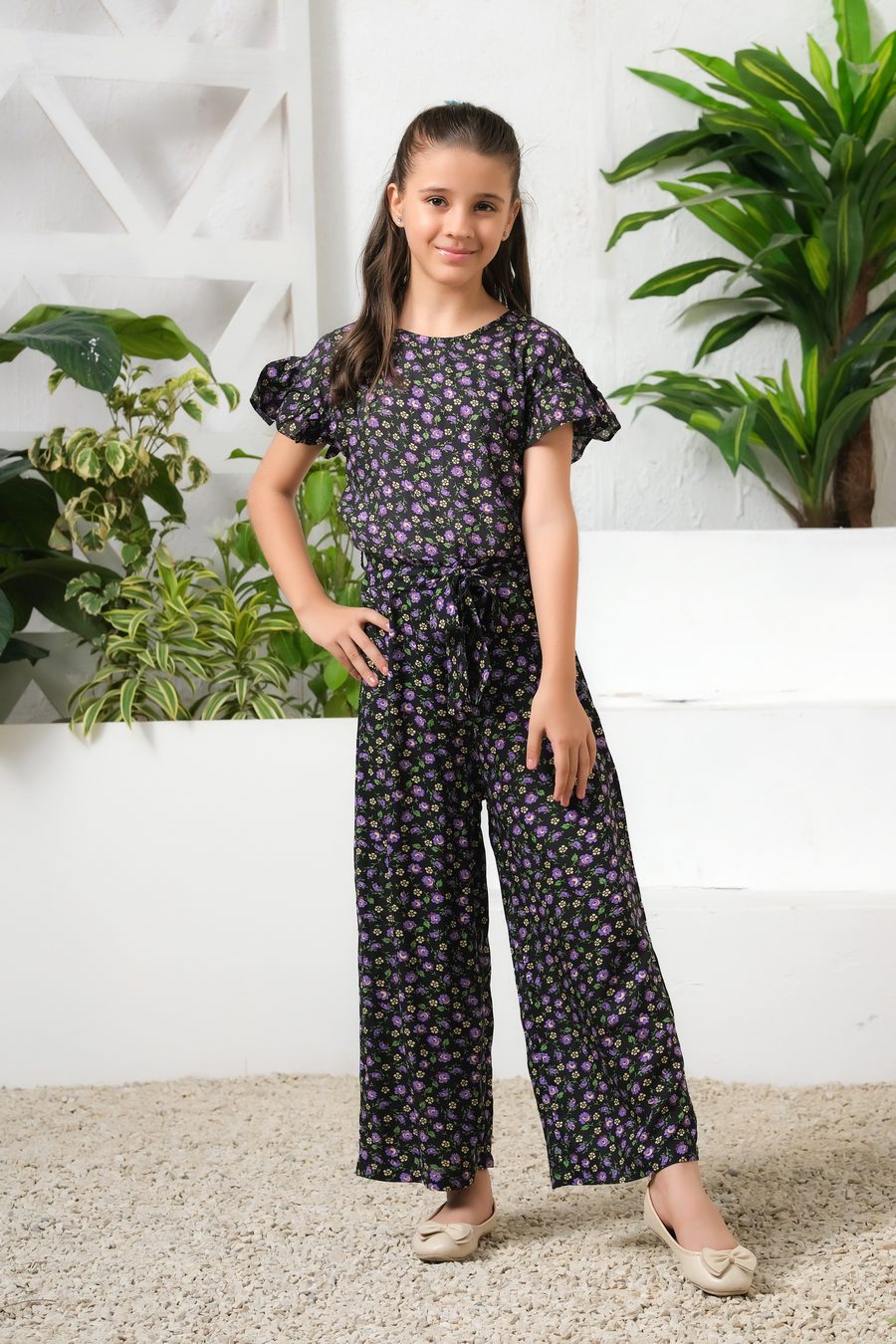Sprinkles Stitched 1 Piece Summer Jumpsuit Kids Collection'2025-Mystic Garden Allover Floral Print Ruffle Trim Belted Jumpsuit
