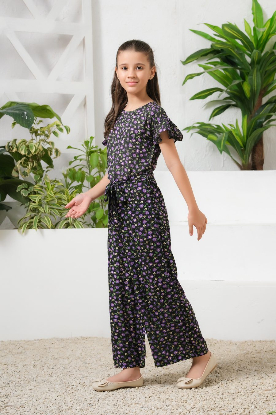 Sprinkles Stitched 1 Piece Summer Jumpsuit Kids Collection'2025-Mystic Garden Allover Floral Print Ruffle Trim Belted Jumpsuit
