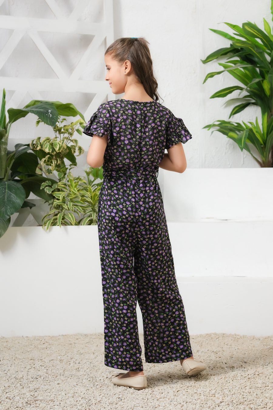 Sprinkles Stitched 1 Piece Summer Jumpsuit Kids Collection'2025-Mystic Garden Allover Floral Print Ruffle Trim Belted Jumpsuit