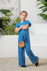 Sprinkles Stitched 1 Piece Summer Jumpsuit Kids Collection'2025-Sky Petal Allover Floral Print Ruffle Trim Belted Jumpsuit