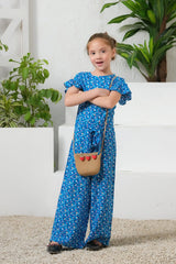 Sprinkles Stitched 1 Piece Summer Jumpsuit Kids Collection'2025-Sky Petal Allover Floral Print Ruffle Trim Belted Jumpsuit