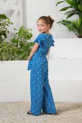 Sprinkles Stitched 1 Piece Summer Jumpsuit Kids Collection'2025-Sky Petal Allover Floral Print Ruffle Trim Belted Jumpsuit