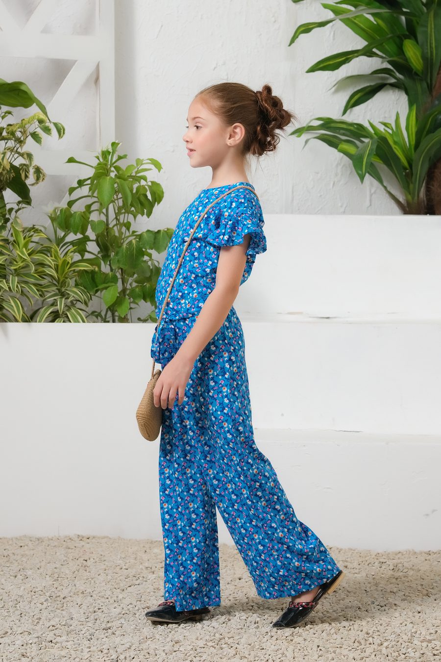Sprinkles Stitched 1 Piece Summer Jumpsuit Kids Collection'2025-Sky Petal Allover Floral Print Ruffle Trim Belted Jumpsuit