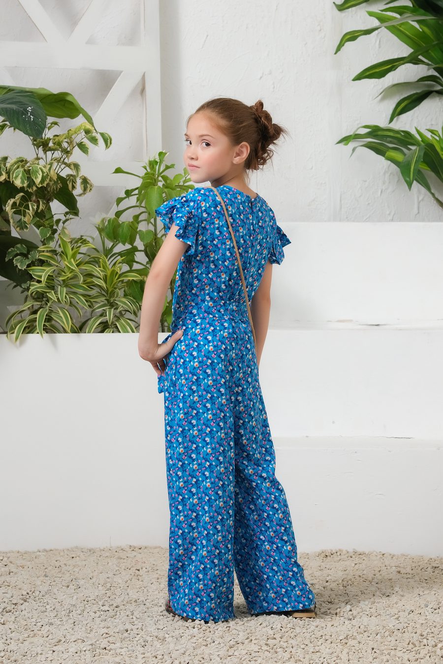 Sprinkles Stitched 1 Piece Summer Jumpsuit Kids Collection'2025-Sky Petal Allover Floral Print Ruffle Trim Belted Jumpsuit
