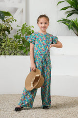 Sprinkles Stitched 1 Piece Summer Jumpsuit Kids Collection'2025-Tropical Lagoon Allover Floral Print Ruffle Trim Belted Jumpsuit