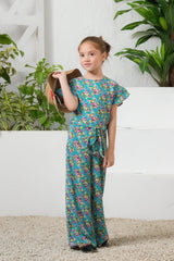Sprinkles Stitched 1 Piece Summer Jumpsuit Kids Collection'2025-Tropical Lagoon Allover Floral Print Ruffle Trim Belted Jumpsuit