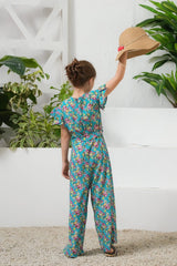 Sprinkles Stitched 1 Piece Summer Jumpsuit Kids Collection'2025-Tropical Lagoon Allover Floral Print Ruffle Trim Belted Jumpsuit