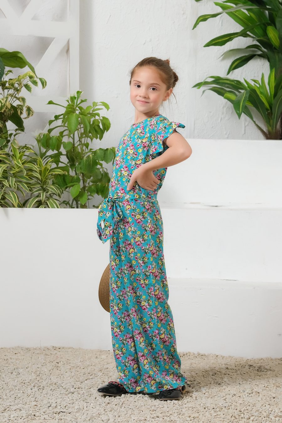 Sprinkles Stitched 1 Piece Summer Jumpsuit Kids Collection'2025-Tropical Lagoon Allover Floral Print Ruffle Trim Belted Jumpsuit