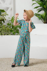 Sprinkles Stitched 1 Piece Summer Jumpsuit Kids Collection'2025-Tropical Lagoon Allover Floral Print Ruffle Trim Belted Jumpsuit