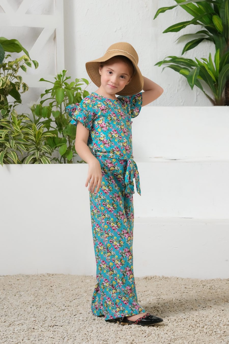 Sprinkles Stitched 1 Piece Summer Jumpsuit Kids Collection'2025-Tropical Lagoon Allover Floral Print Ruffle Trim Belted Jumpsuit