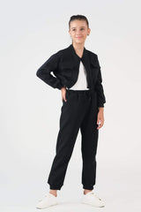 Sprinkles Stitched 2 Piece Winter Co Ord Sets Kids Collection'2025-Crop Jacket With Jogger Pant - Black