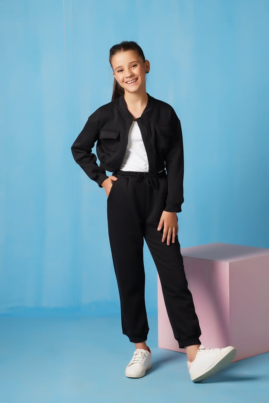 Sprinkles Stitched 2 Piece Winter Co Ord Sets Kids Collection'2025-Crop Jacket With Jogger Pant - Black