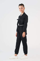 Sprinkles Stitched 2 Piece Winter Co Ord Sets Kids Collection'2025-Crop Jacket With Jogger Pant - Black