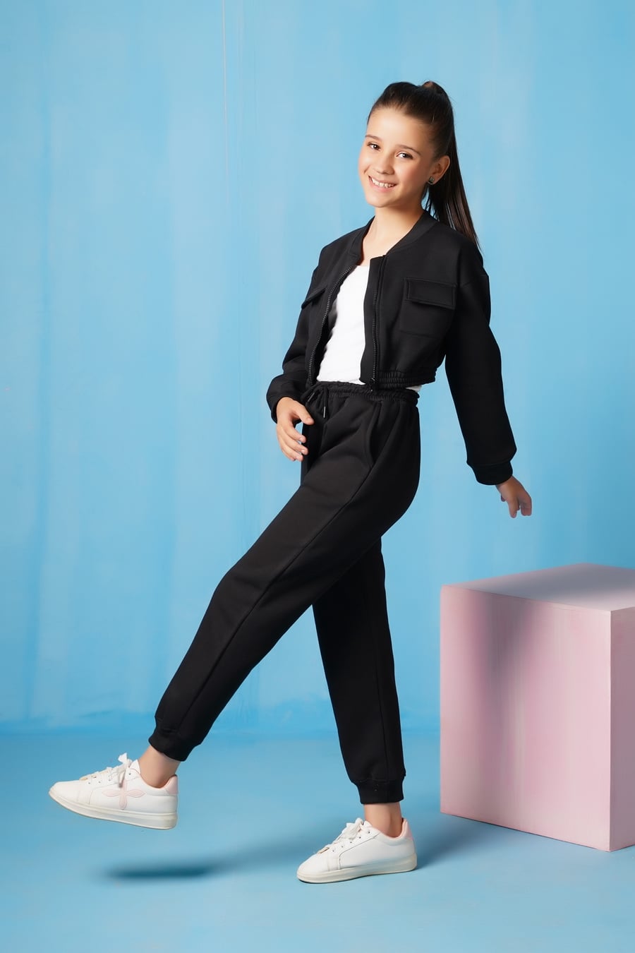 Sprinkles Stitched 2 Piece Winter Co Ord Sets Kids Collection'2025-Crop Jacket With Jogger Pant - Black