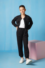 Sprinkles Stitched 2 Piece Winter Co Ord Sets Kids Collection'2025-Crop Jacket With Jogger Pant - Black