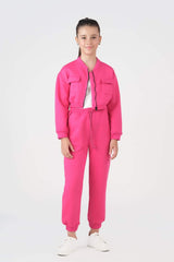Sprinkles Stitched 2 Piece Winter Co Ord Sets Kids Collection'2025-Crop Jacket With Jogger Pant - Hot Pink