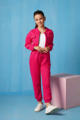 Sprinkles Stitched 2 Piece Winter Co Ord Sets Kids Collection'2025-Crop Jacket With Jogger Pant - Hot Pink