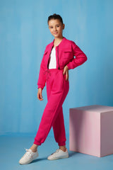 Sprinkles Stitched 2 Piece Winter Co Ord Sets Kids Collection'2025-Crop Jacket With Jogger Pant - Hot Pink