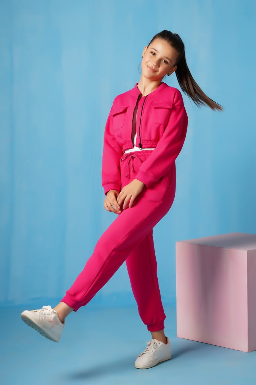 Sprinkles Stitched 2 Piece Winter Co Ord Sets Kids Collection'2025-Crop Jacket With Jogger Pant - Hot Pink