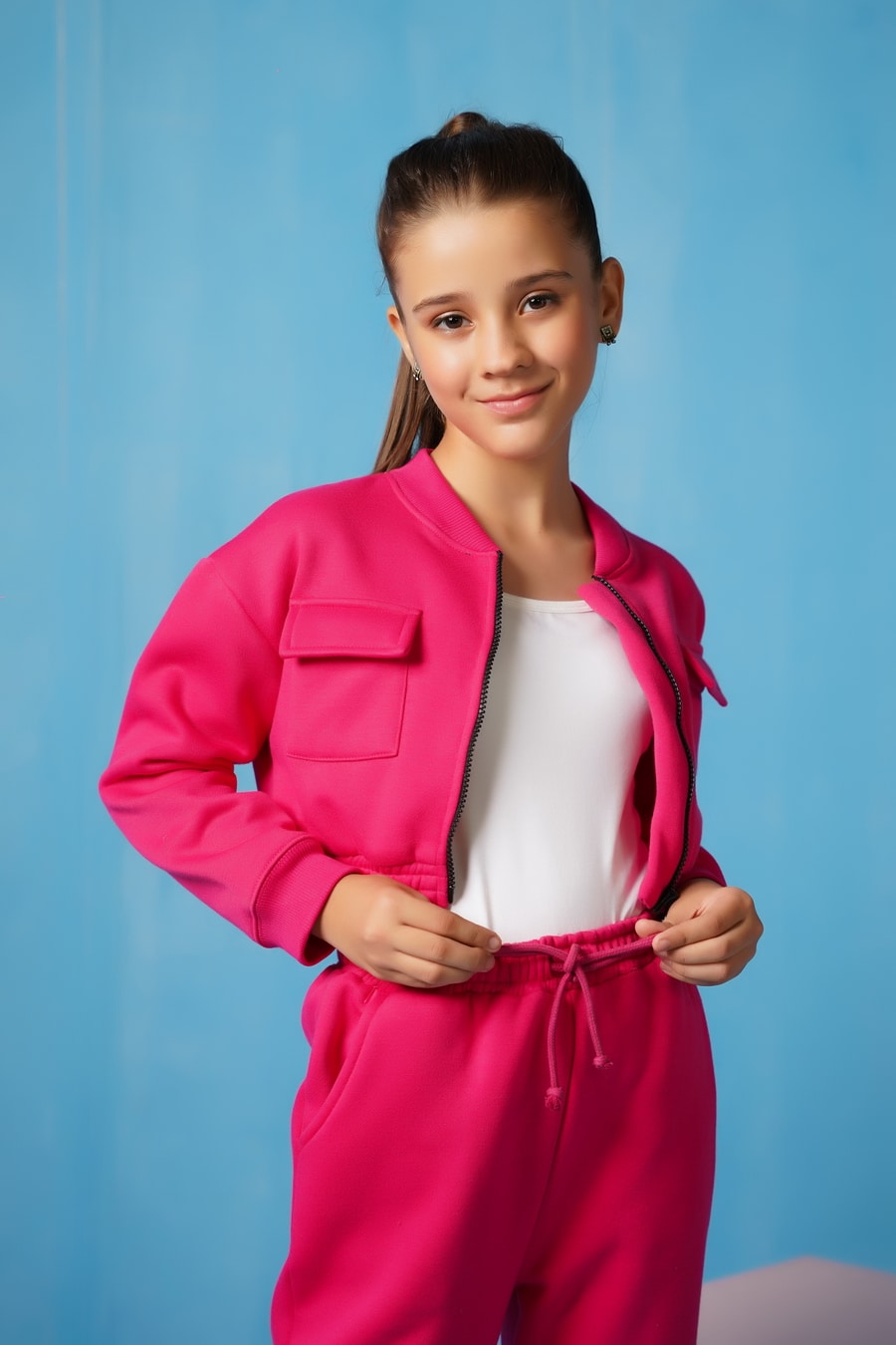 Sprinkles Stitched 2 Piece Winter Co Ord Sets Kids Collection'2025-Crop Jacket With Jogger Pant - Hot Pink