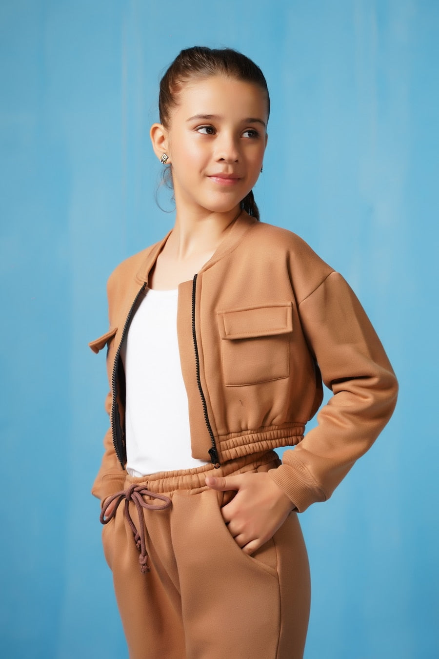 Sprinkles Stitched 2 Piece Winter Co Ord Sets Kids Collection'2025-Crop Jacket With Jogger Pant - Coffee Brown