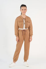 Sprinkles Stitched 2 Piece Winter Co Ord Sets Kids Collection'2025-Crop Jacket With Jogger Pant - Coffee Brown