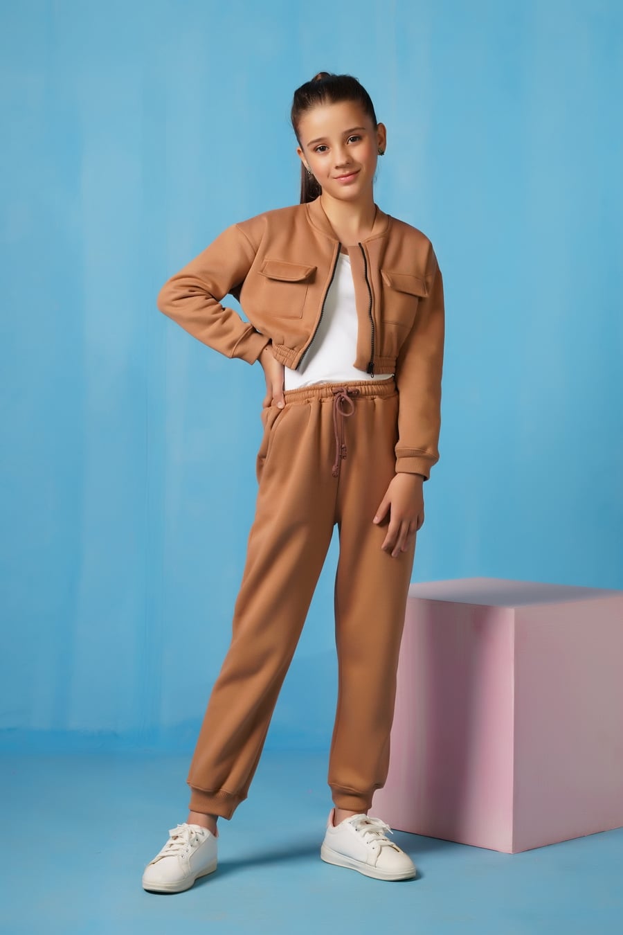 Sprinkles Stitched 2 Piece Winter Co Ord Sets Kids Collection'2025-Crop Jacket With Jogger Pant - Coffee Brown
