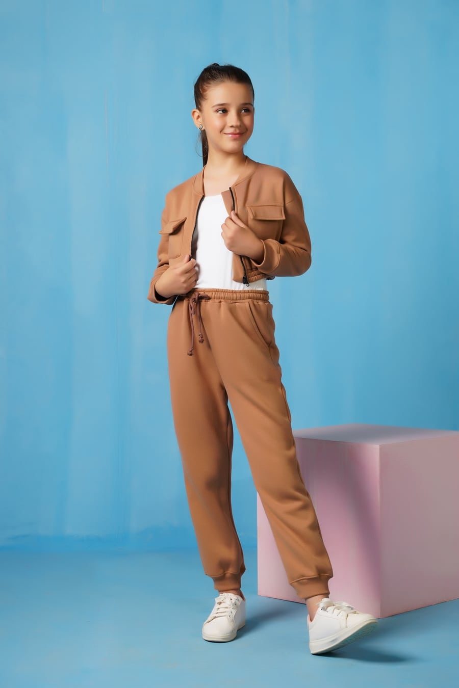 Sprinkles Stitched 2 Piece Winter Co Ord Sets Kids Collection'2025-Crop Jacket With Jogger Pant - Coffee Brown