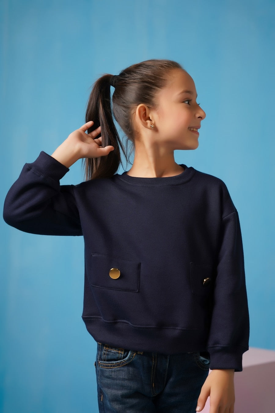 Sprinkles Stitched 2 Piece Winter Co Ord Sets Kids Collection'2025-Sweatshirt With Flap - Navy Blue