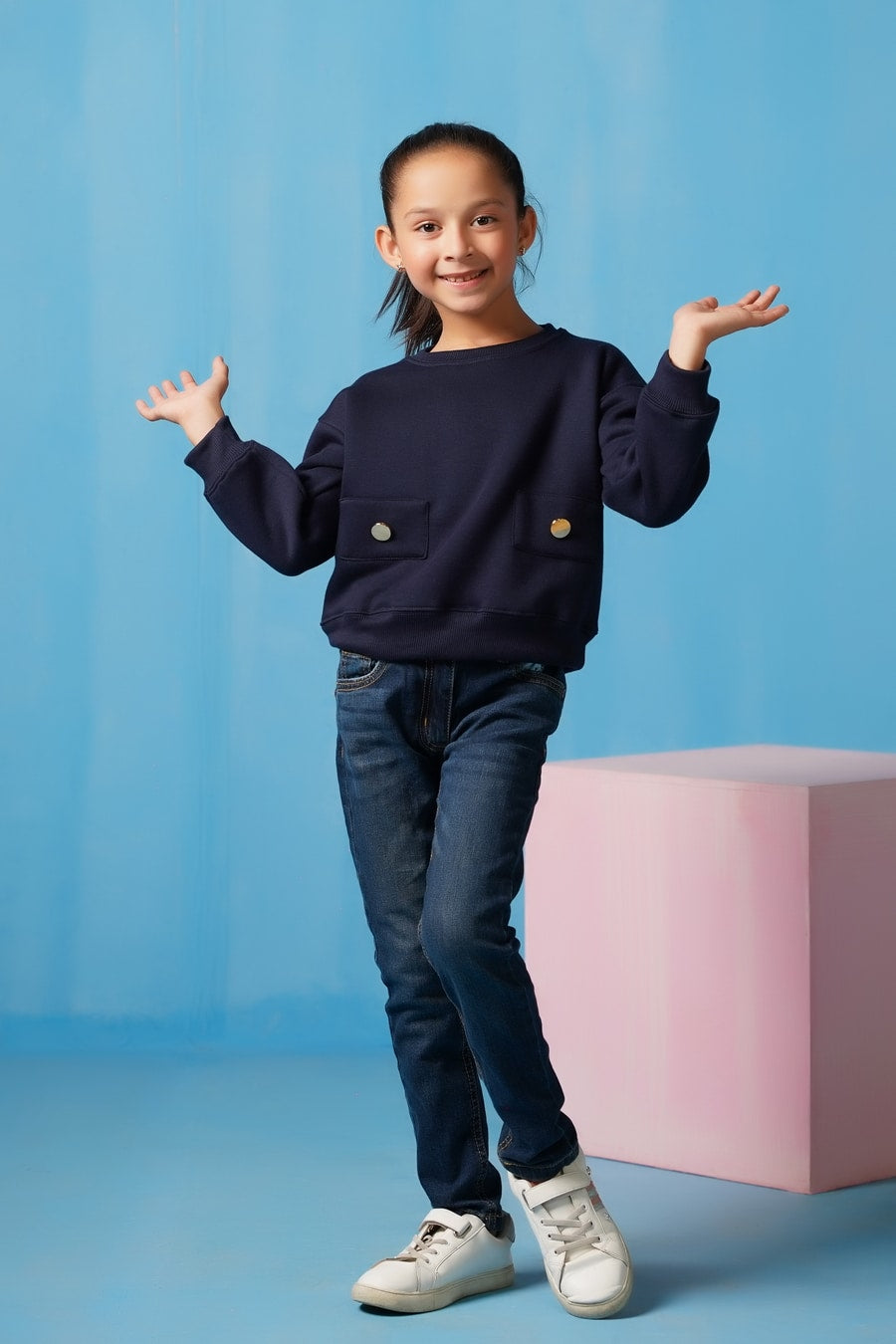 Sprinkles Stitched 2 Piece Winter Co Ord Sets Kids Collection'2025-Sweatshirt With Flap - Navy Blue
