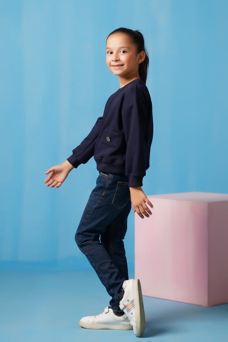 Sprinkles Stitched 2 Piece Winter Co Ord Sets Kids Collection'2025-Sweatshirt With Flap - Navy Blue