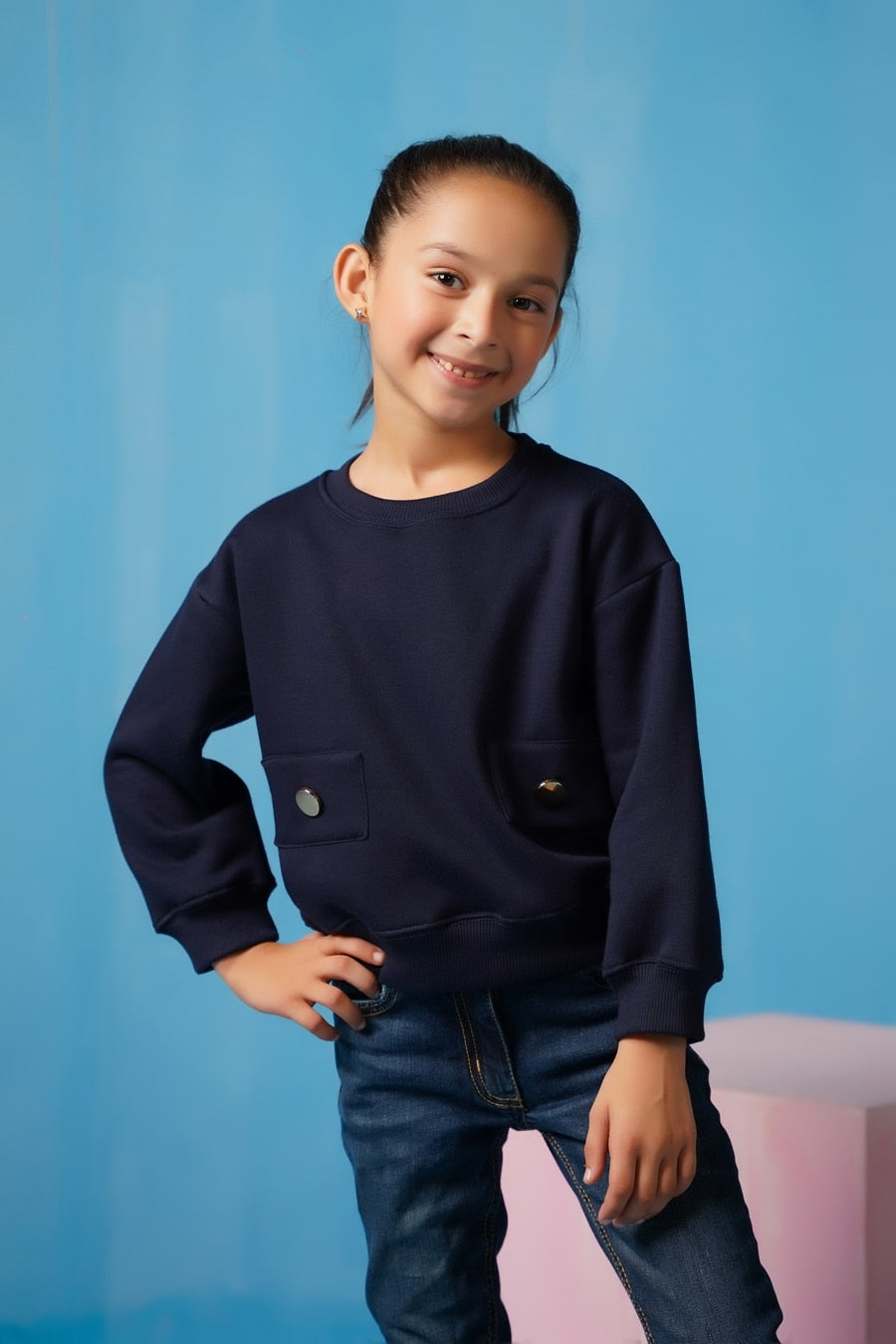 Sprinkles Stitched 2 Piece Winter Co Ord Sets Kids Collection'2025-Sweatshirt With Flap - Navy Blue