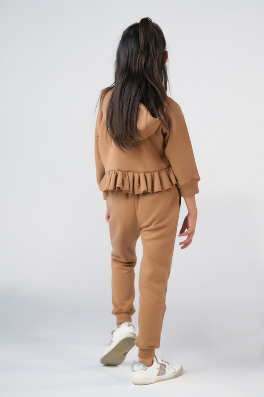 Sprinkles Stitched 2 Piece Winter Co Ord Sets Kids Collection'2025-Raglan Sleeve Ruffle Hem Hoodie With Sweatpants - Coffee Brown