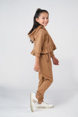 Sprinkles Stitched 2 Piece Winter Co Ord Sets Kids Collection'2025-Raglan Sleeve Ruffle Hem Hoodie With Sweatpants - Coffee Brown