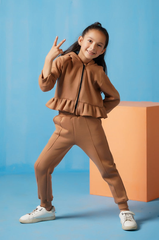 Sprinkles Stitched 2 Piece Winter Co Ord Sets Kids Collection'2025-Raglan Sleeve Ruffle Hem Hoodie With Sweatpants - Coffee Brown