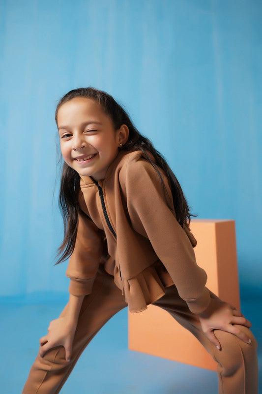Sprinkles Stitched 2 Piece Winter Co Ord Sets Kids Collection'2025-Raglan Sleeve Ruffle Hem Hoodie With Sweatpants - Coffee Brown