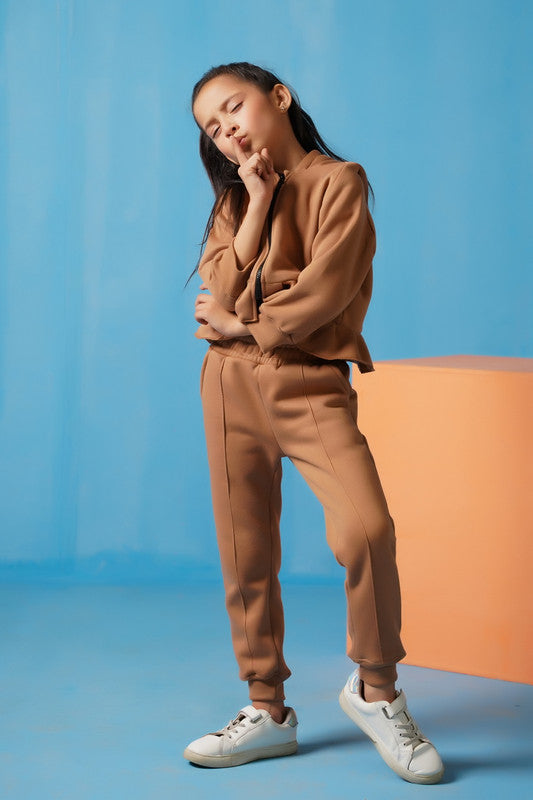 Sprinkles Stitched 2 Piece Winter Co Ord Sets Kids Collection'2025-Raglan Sleeve Ruffle Hem Hoodie With Sweatpants - Coffee Brown