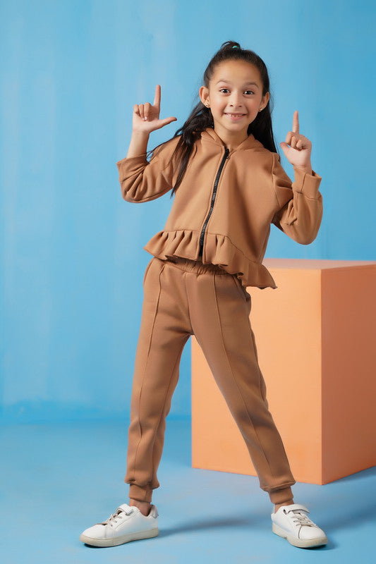 Sprinkles Stitched 2 Piece Winter Co Ord Sets Kids Collection'2025-Raglan Sleeve Ruffle Hem Hoodie With Sweatpants - Coffee Brown
