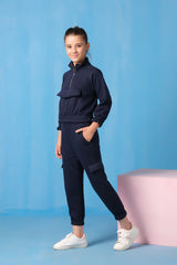 Sprinkles Stitched 2 Piece Winter Co Ord Sets Kids Collection'2025-Half Zip Sweatshirt With Joggers Pants - Navy