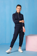 Sprinkles Stitched 2 Piece Winter Co Ord Sets Kids Collection'2025-Half Zip Sweatshirt With Joggers Pants - Navy