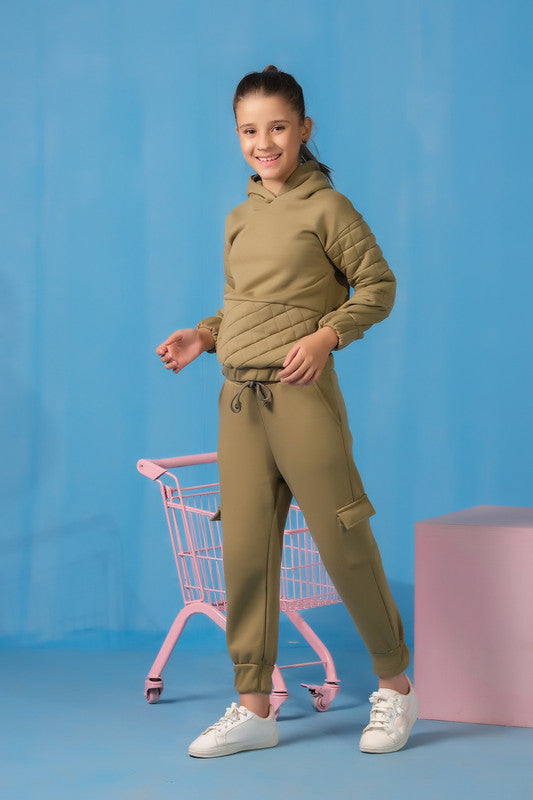 Sprinkles Stitched 2 Piece Winter Co Ord Sets Kids Collection'2025-Quilted Panel Hoodie With Jogger Pants - Mint Green