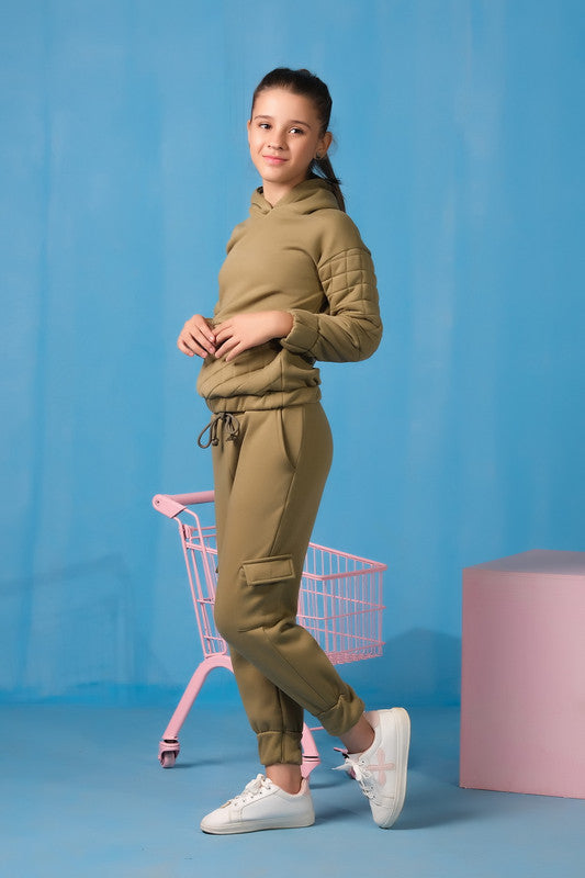 Sprinkles Stitched 2 Piece Winter Co Ord Sets Kids Collection'2025-Quilted Panel Hoodie With Jogger Pants - Mint Green