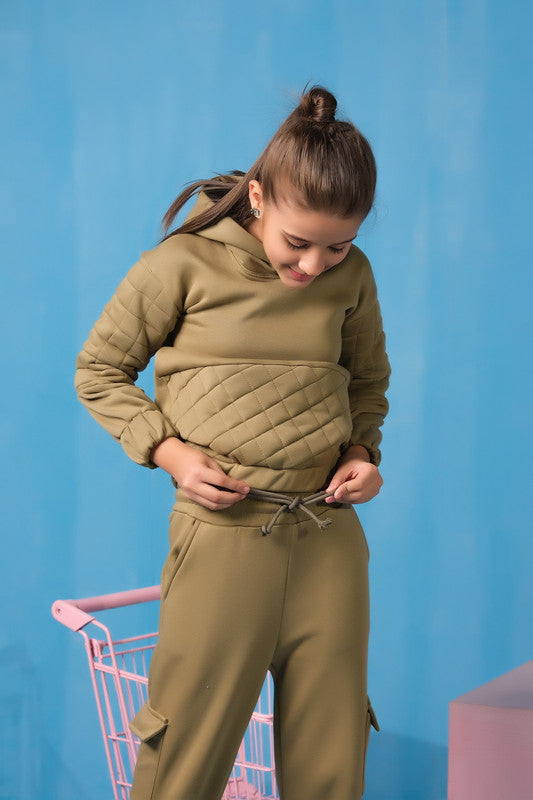 Sprinkles Stitched 2 Piece Winter Co Ord Sets Kids Collection'2025-Quilted Panel Hoodie With Jogger Pants - Mint Green