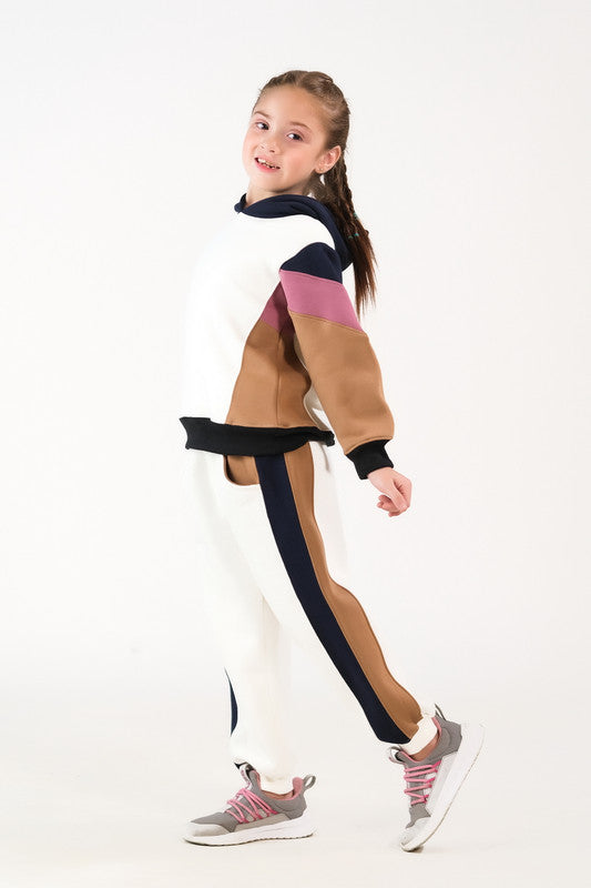 Sprinkles Stitched 2 Piece Winter Co Ord Sets Kids Collection'2025-Color-Block Hoodie Set - Cream