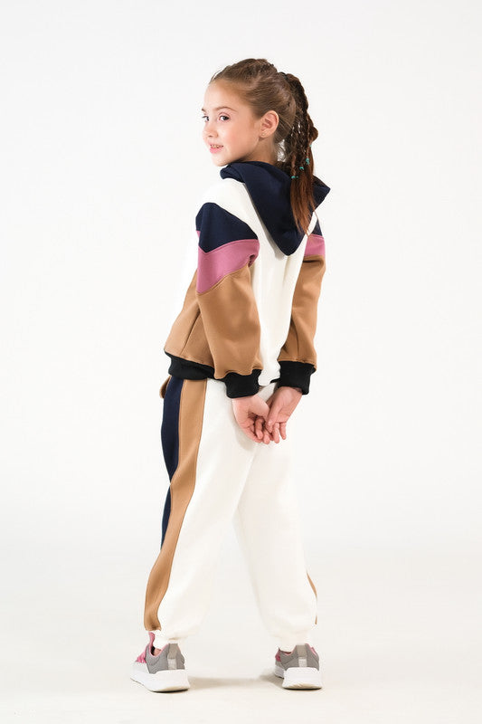 Sprinkles Stitched 2 Piece Winter Co Ord Sets Kids Collection'2025-Color-Block Hoodie Set - Cream