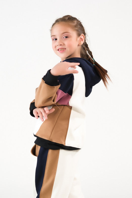 Sprinkles Stitched 2 Piece Winter Co Ord Sets Kids Collection'2025-Color-Block Hoodie Set - Cream
