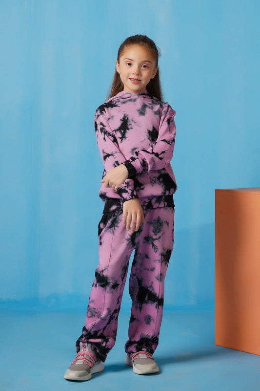 Sprinkles Stitched 2 Piece Winter Co Ord Sets Kids Collection'2025-Tie Die Hoodie With Jogger Pants - Tea Pink