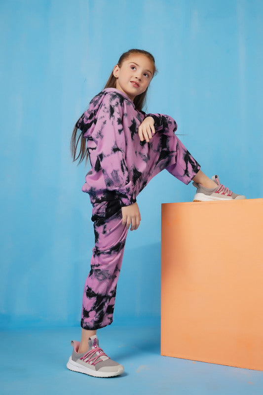 Sprinkles Stitched 2 Piece Winter Co Ord Sets Kids Collection'2025-Tie Die Hoodie With Jogger Pants - Tea Pink